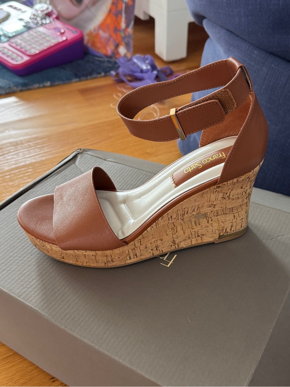Franco Sarto Brown Cork Wedge Sandals with Ankle Strap